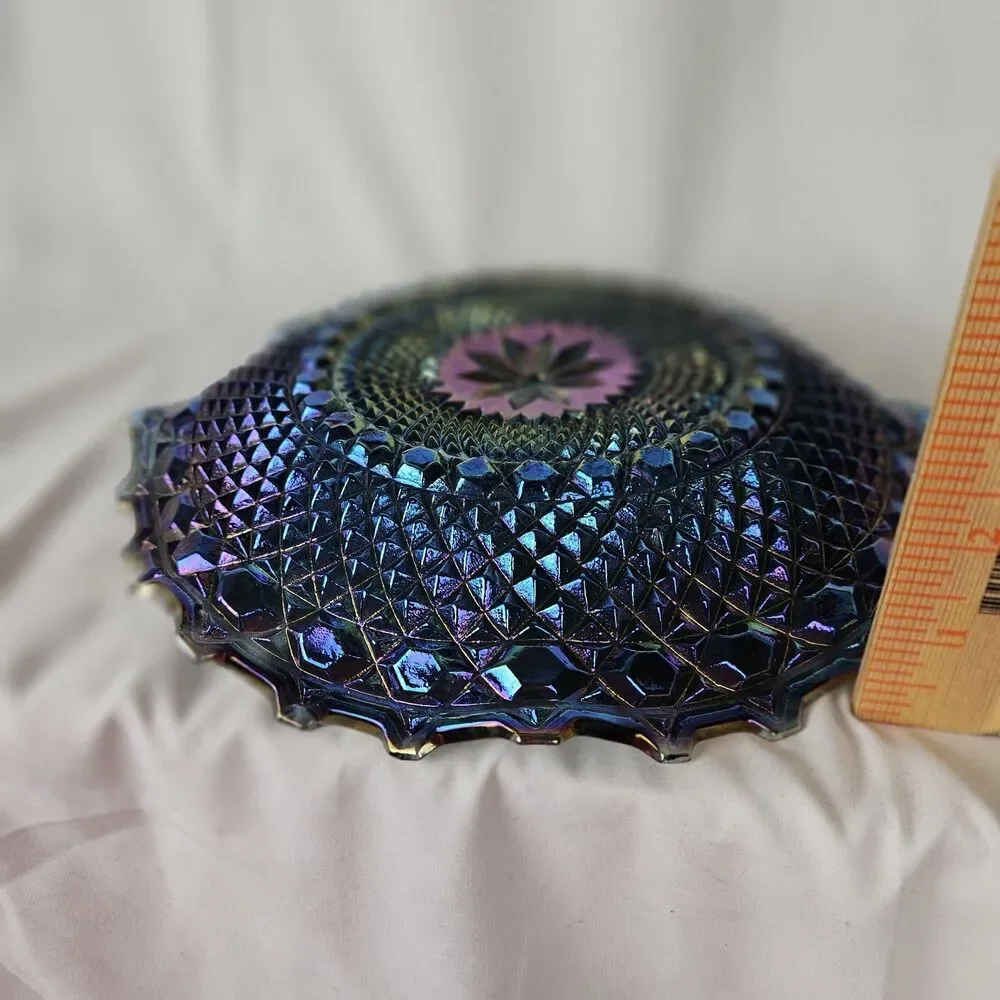 Indiana Glass Blue Iridescent Diamond Cut Ruffled Edge Carnival Glass
